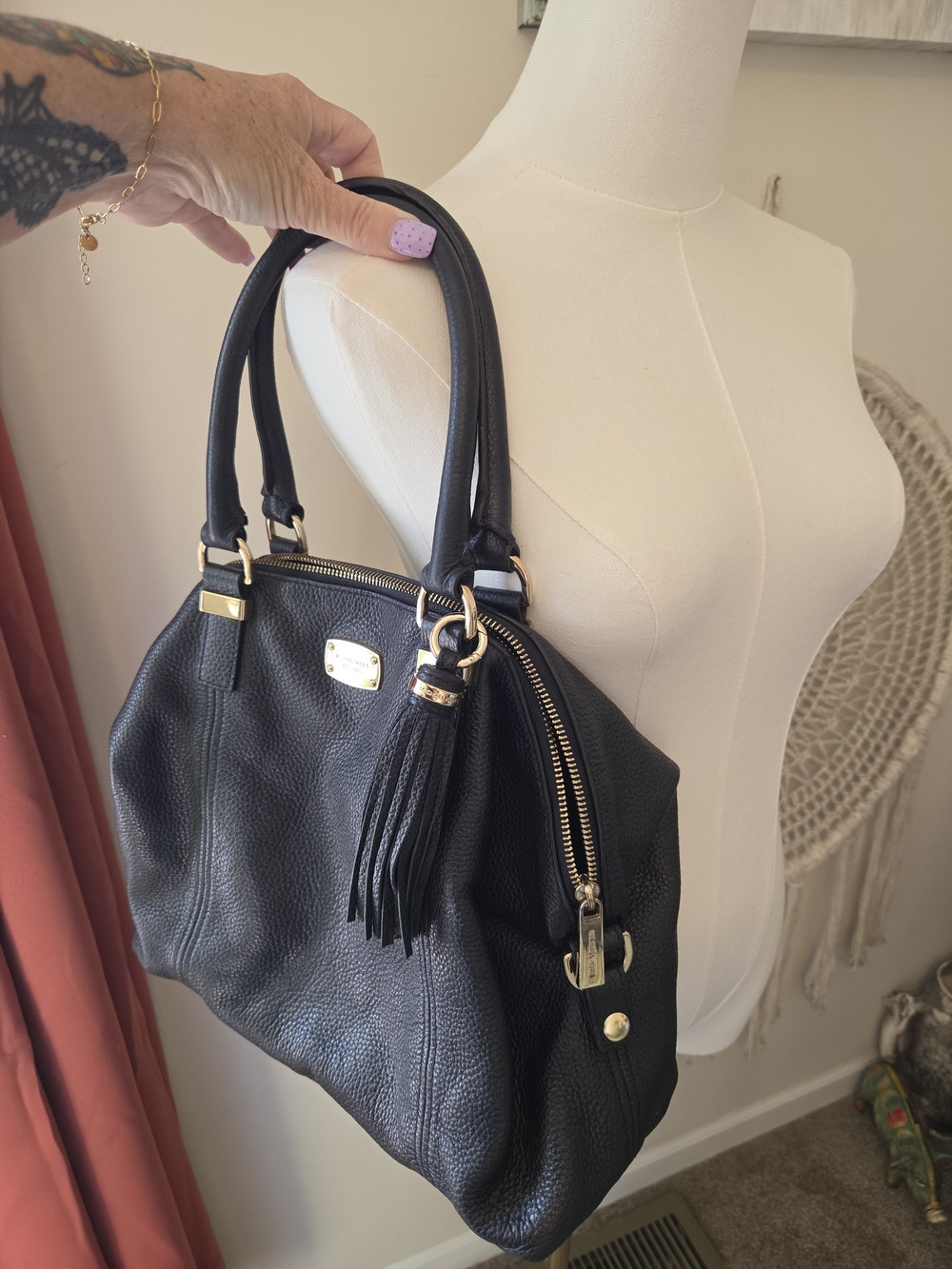 Michael Kors Black Leather Tote Handbag with Tassel - Designer Style